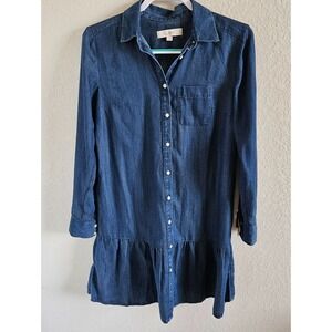 Loft Woman Size XS Chambray Linen Blend Shirt Dress Tiered Skirt Western Cowgirl